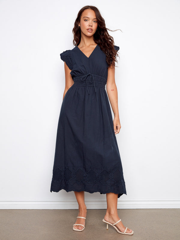 Embroidered V-Neck Midi Dress - Navy