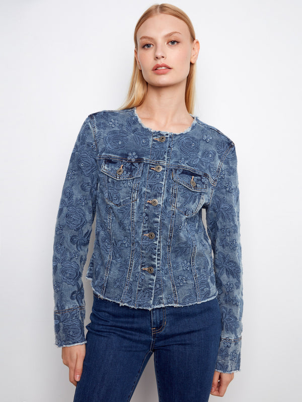 Eyelet Stretch Denim Jacket - Medium Blue
