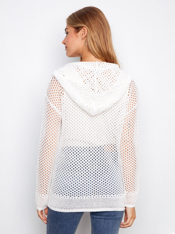 Fishnet Hoodie Sweater With Gold Heart - White