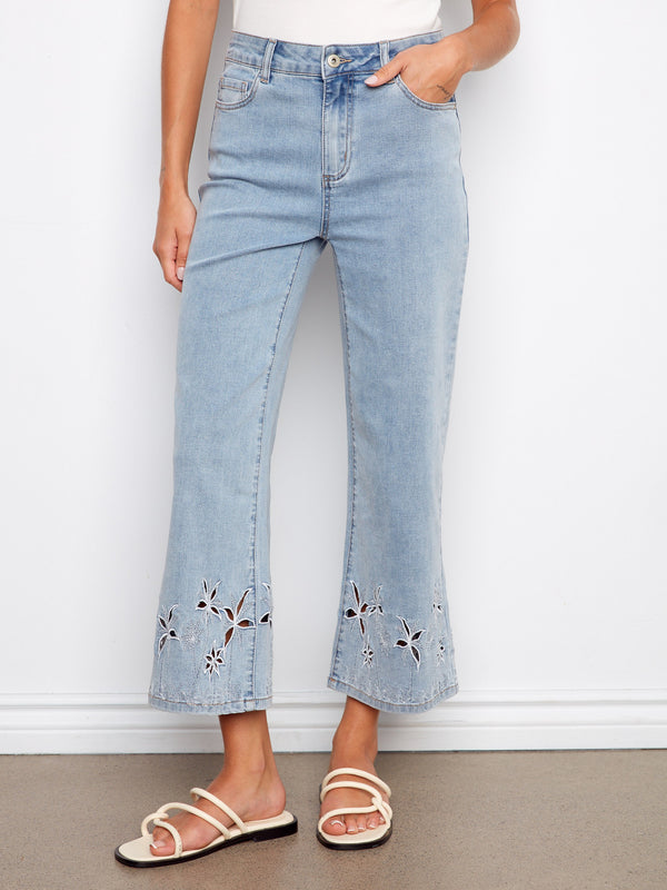 Flare Jeans With Palm Tree Embroidery - Light Blue