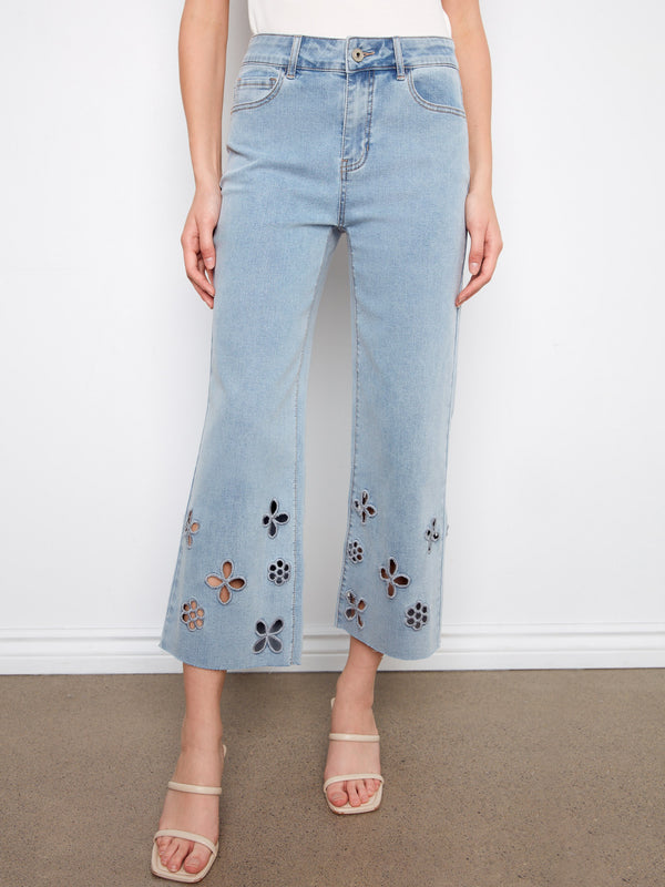 Floral Cutout Wide Leg Jeans - Light Blue
