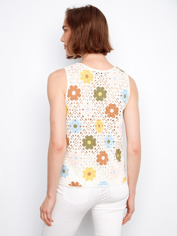 Floral Sleeveless Crochet Cotton Blend Top - Multicolor