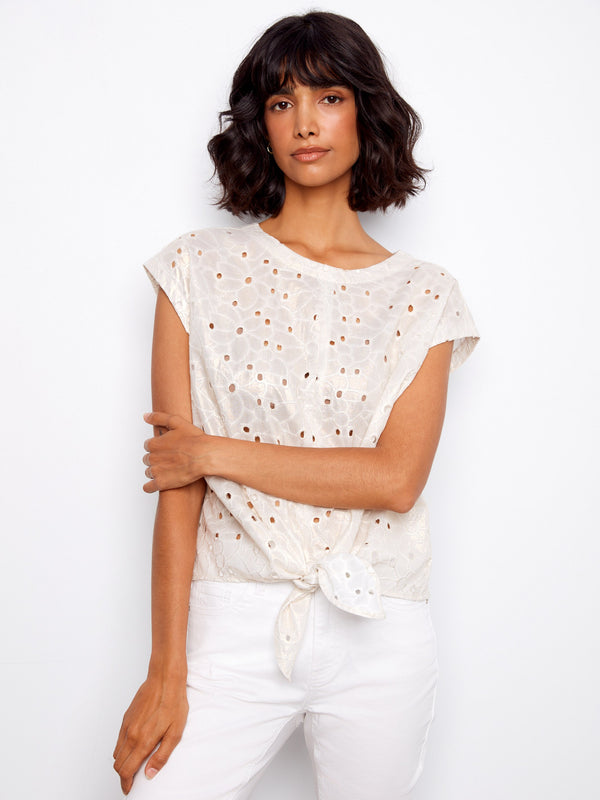 Foiled Cotton Eyelet Tie-Front Blouse - Gold