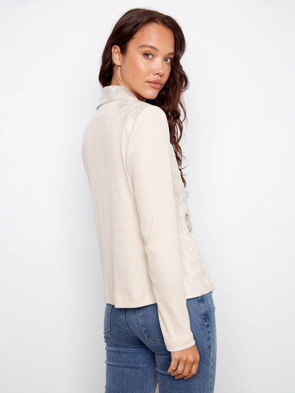 Foiled Faux Leather and Rib Knit Jacket - Pearl