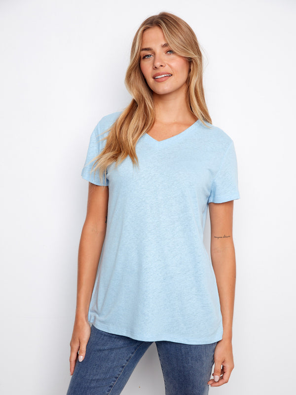 Foiled Linen Blend V-Neck T-Shirt - Bluebell