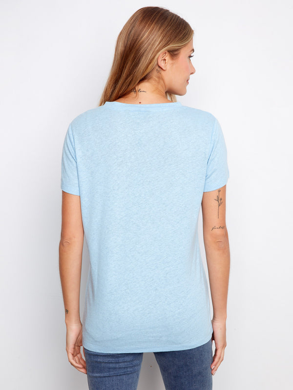 Foiled Linen Blend V-Neck T-Shirt - Bluebell
