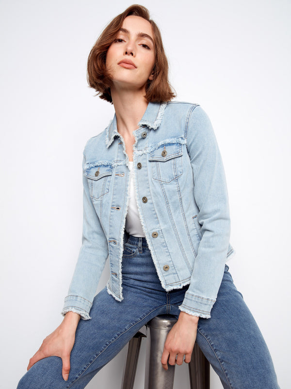 Frayed Edge Stretch Denim Jacket - Bleach Blue