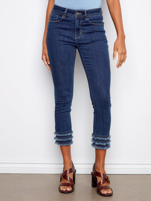 Frayed Hem Cropped Denim Pants - Indigo