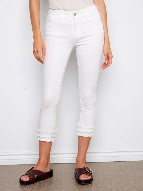 Frayed Hem Cropped Twill Pants - White