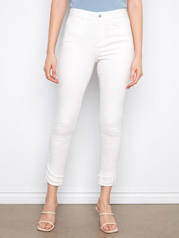 Frayed Hem Twill Pants - White