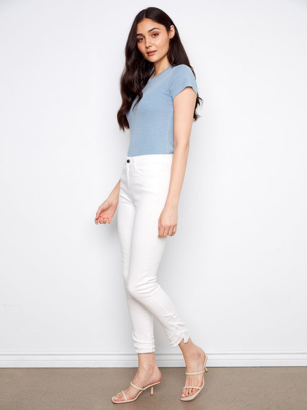 Frayed Hem Twill Pants - White