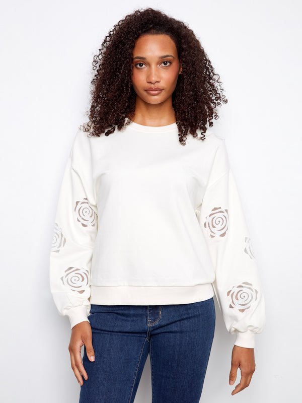 French Terry Top With Sleeve Embroidery - White