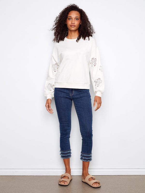 French Terry Top With Sleeve Embroidery - White