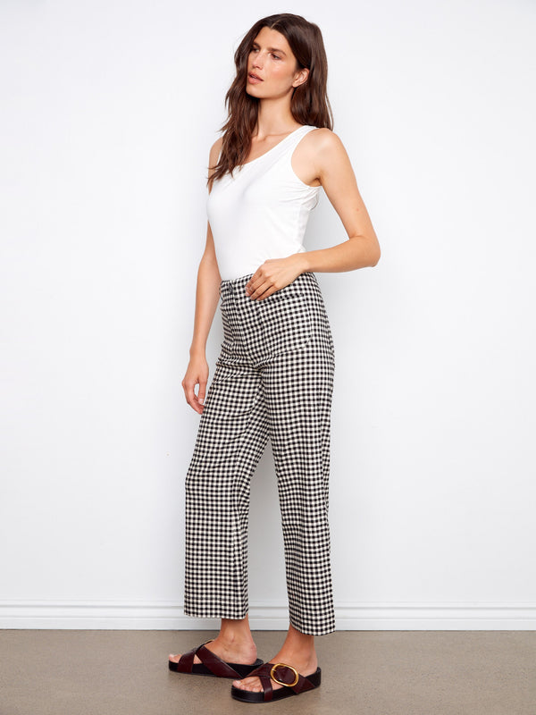 Gingham Cropped Linen Blend Pants - Vichy
