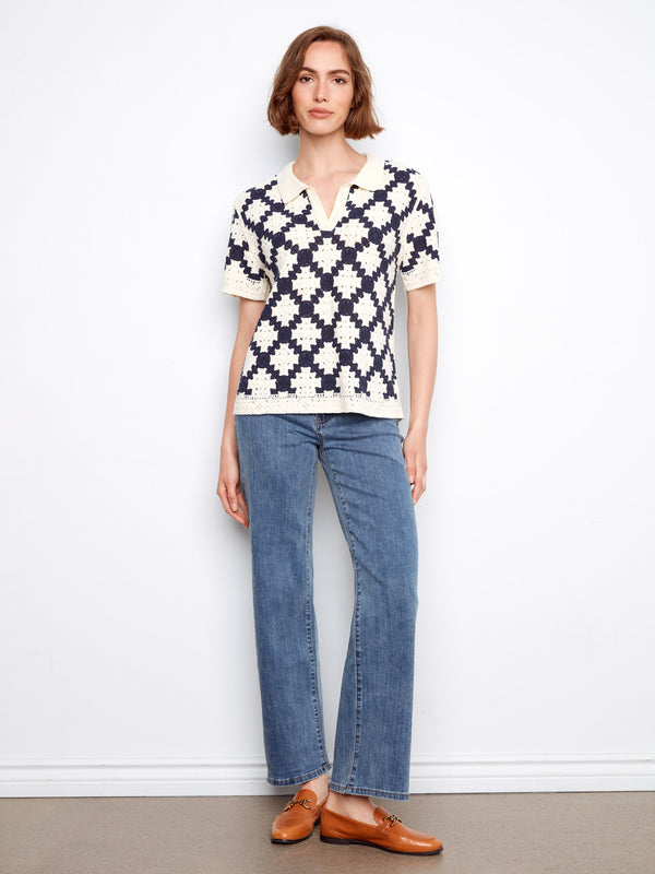 Johnny Collar Crochet Cotton Blend Top - Navy