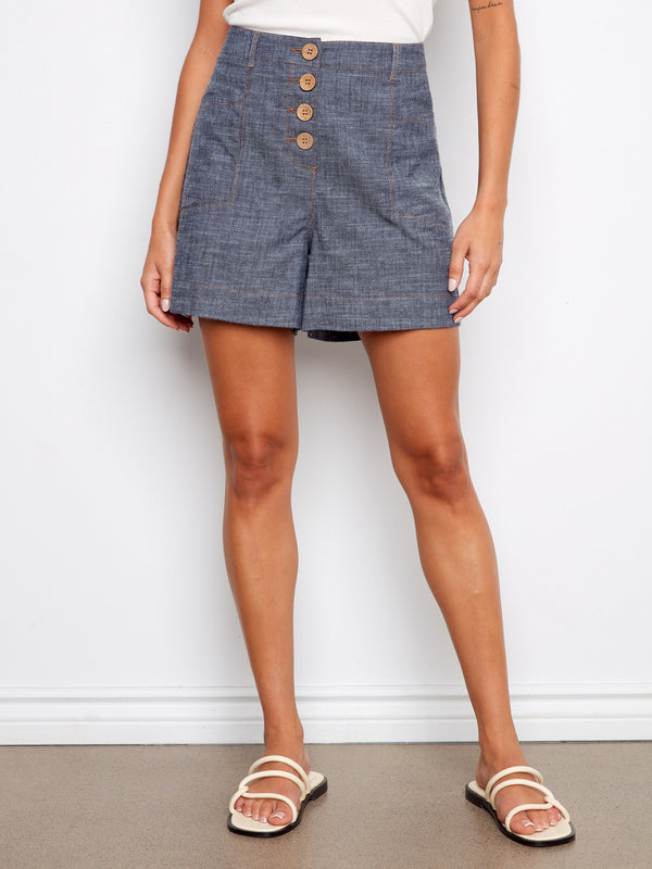 Linen Blend Button-Front Shorts - Indigo