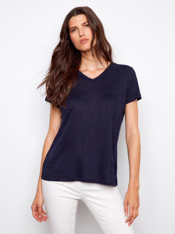 Linen Blend V-Neck T-Shirt - Navy