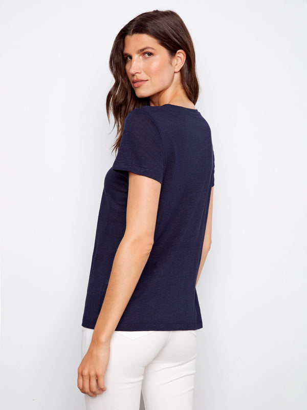 Linen Blend V-Neck T-Shirt - Navy
