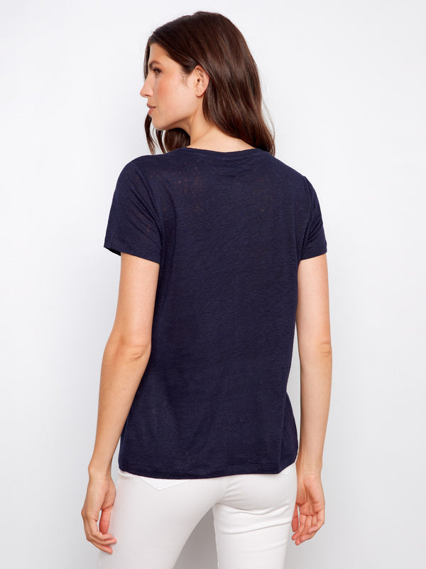 Linen Blend V-Neck T-Shirt - Navy