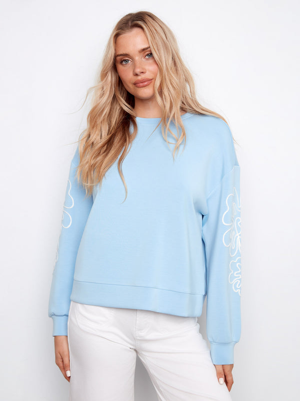 Long Sleeve Scuba Top With Soutache Detail - Bluebell