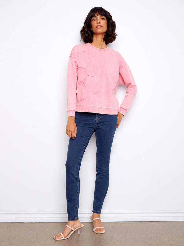 Long Sleeve Top With Flower Appliqué - Candy