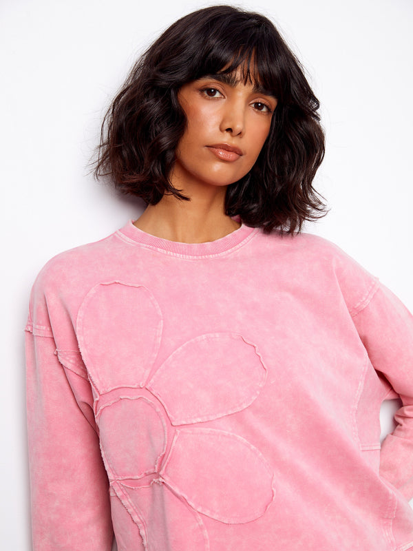 Long Sleeve Top With Flower Appliqué - Candy