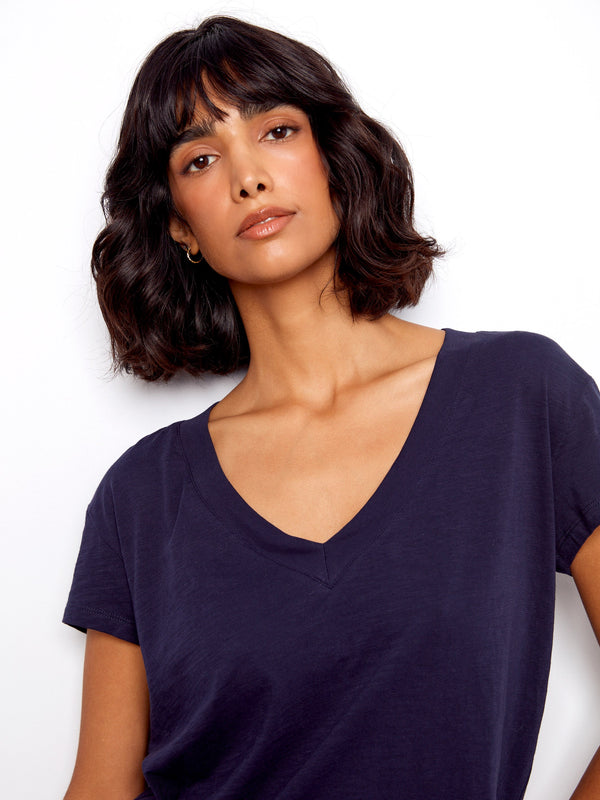 Organic Cotton Drop Shoulder V-Neck T-Shirt - Navy
