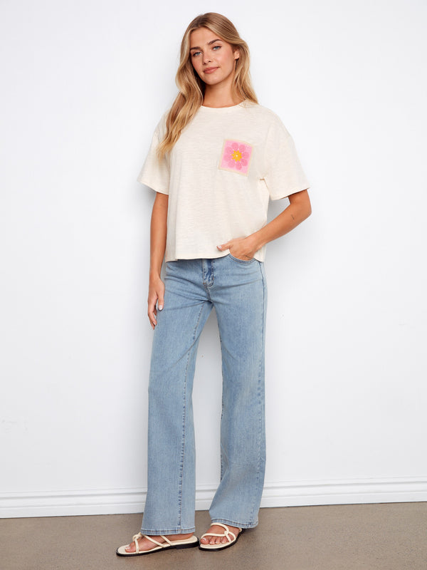 Organic Cotton T-Shirt With Crochet Pocket - Heather Fog