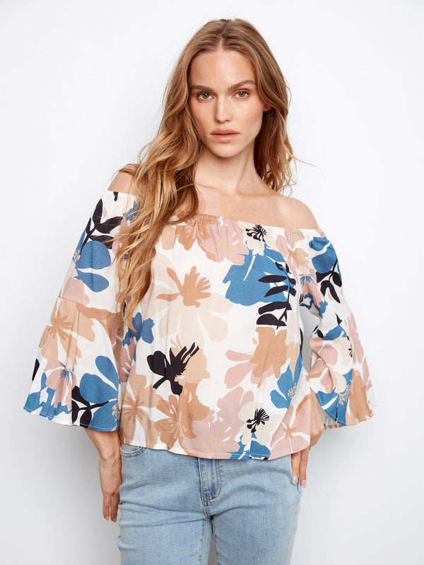 Printed 3/4 Sleeve Off-Shoulder Blouse - Floralis