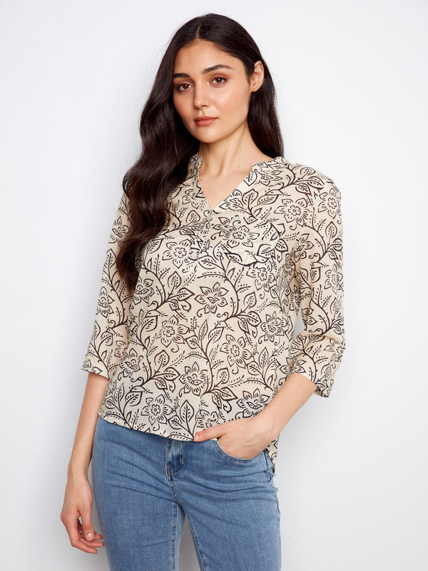 Printed Cotton Blend Half-Button Blouse - Karine