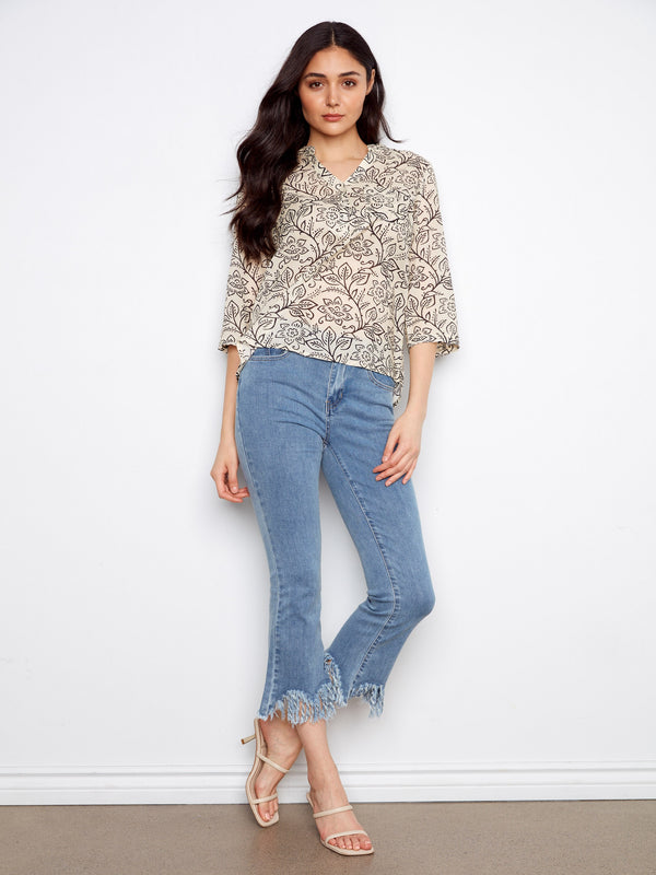 Printed Cotton Blend Half-Button Blouse - Karine