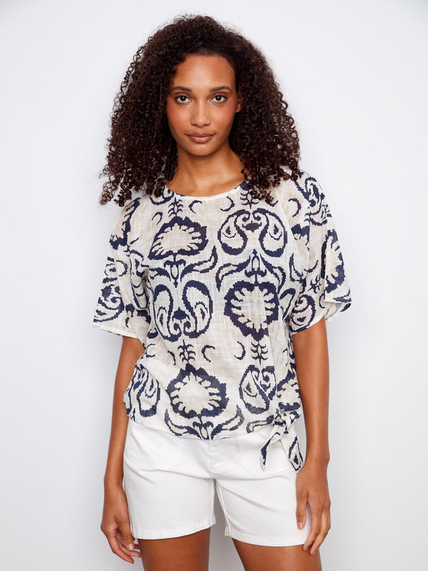 Printed Cotton Gauze Blouse With Side Tie - Ornament