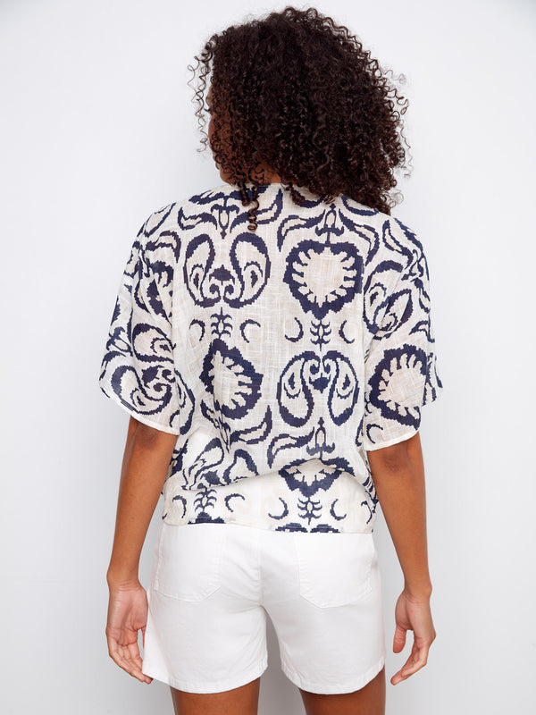 Printed Cotton Gauze Blouse With Side Tie - Ornament