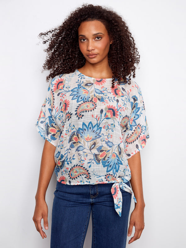 Printed Cotton Gauze Blouse With Side Tie - Rio
