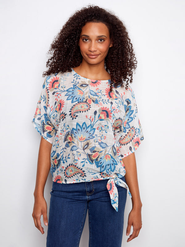 Printed Cotton Gauze Blouse With Side Tie - Rio