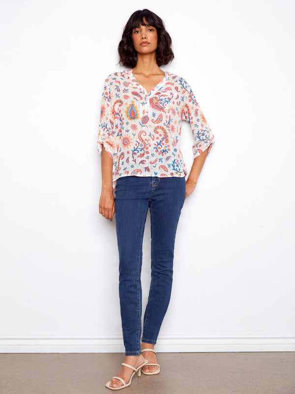 Printed Cotton Gauze Half-Button Blouse - Festive