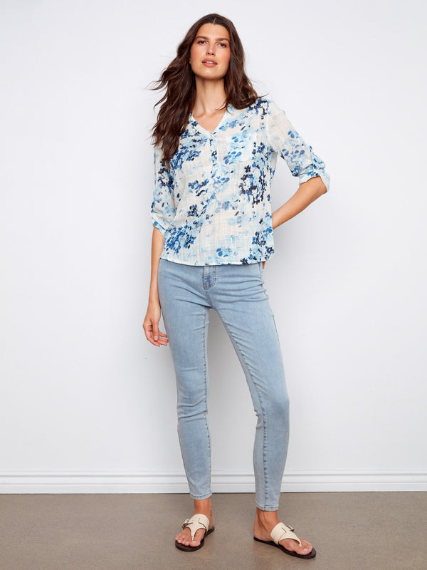 Printed Cotton Gauze Half-Button Blouse - Meadow