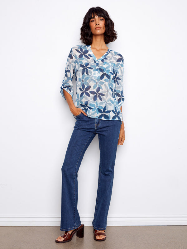 Printed Cotton Gauze Half-Button Blouse - Sapphire