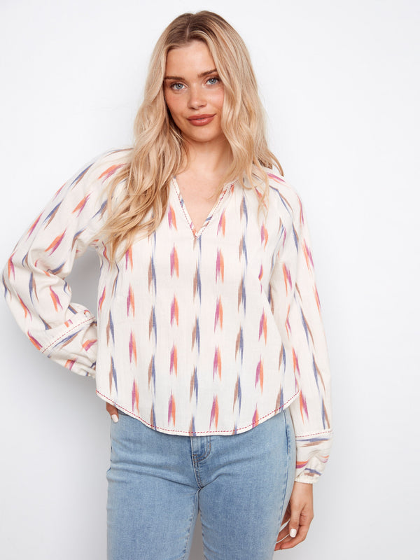 Printed Cotton Raglan Blouse - Ikat