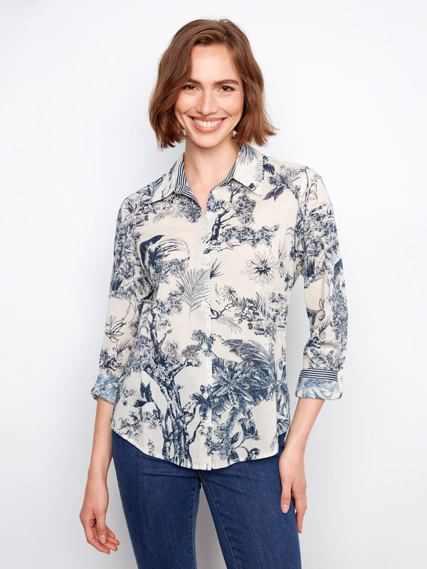 Printed Cotton Voile Button-Up Blouse - Versailles