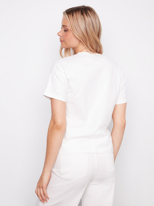 Printed Crew Neck T-Shirt With Soutache Detail - White