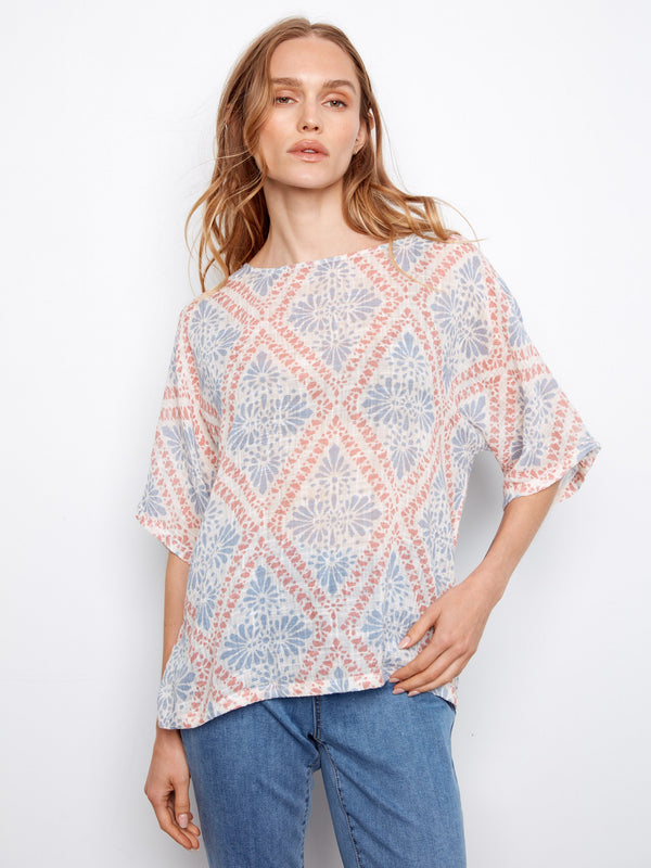 Printed Dolman Cotton Blend Blouse - Trellis