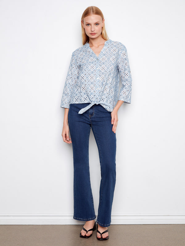 Printed Eyelet Cotton Blouse With Front Tie - Blue