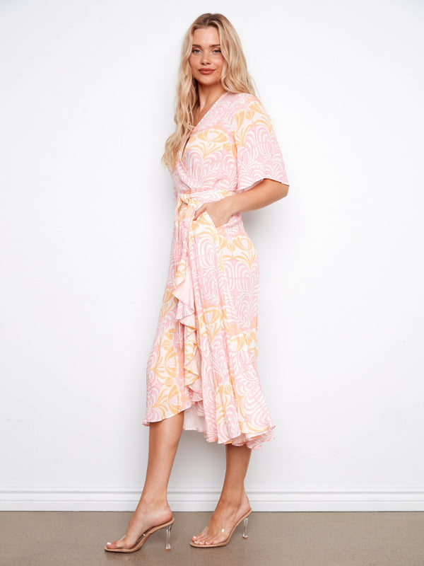 Printed Faux Wrap Dress With Belt - Maeva