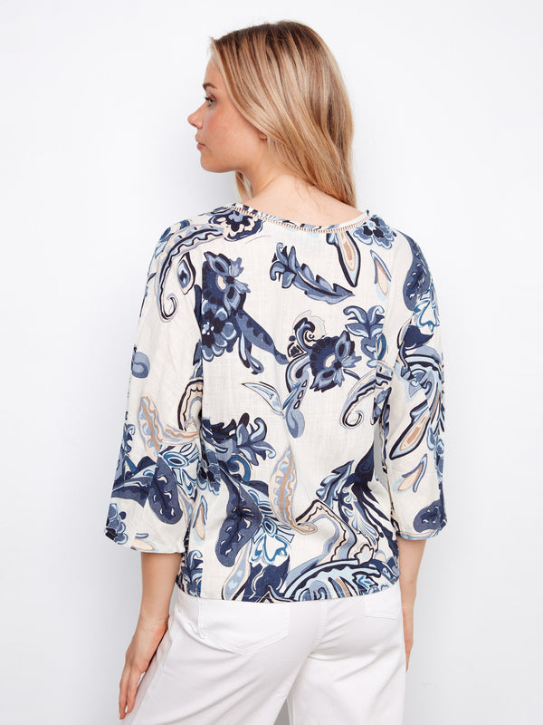 Printed Linen Blend Blouse With Front Button Detail - Paisley
