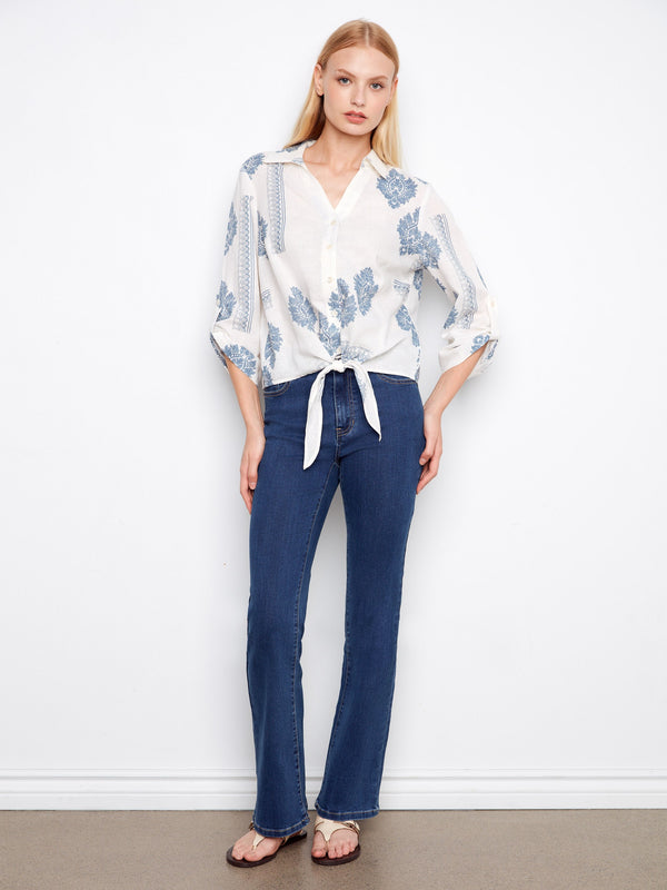 Printed Linen Blend Button-Up Blouse - Jean