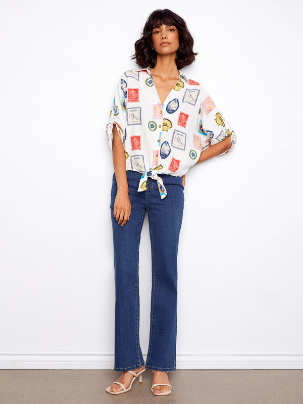 Printed Linen Blend Front-Tie Blouse - Postcard