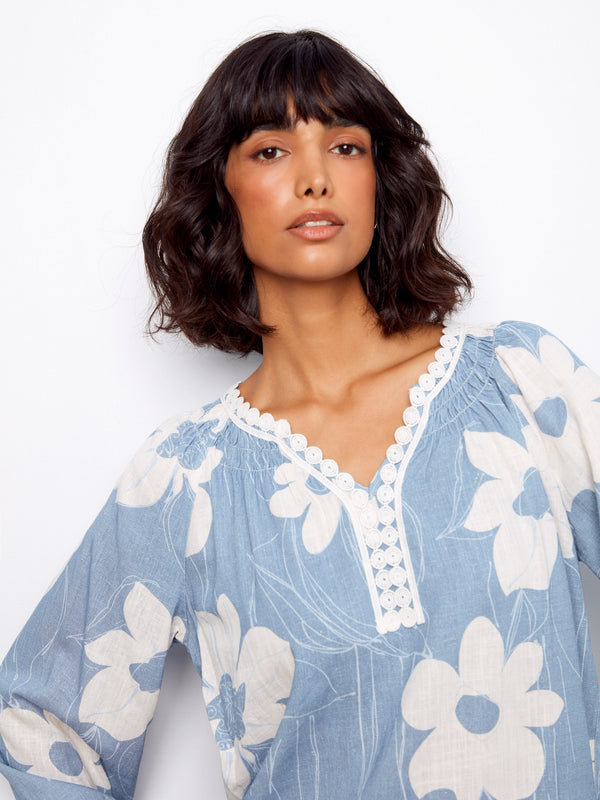 Printed Linen Blend Raglan Blouse With Crochet Trim - Waterlily