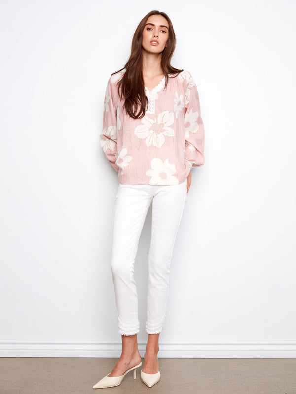 Printed Linen Blend Raglan Blouse With Crochet Trim - Ophelia