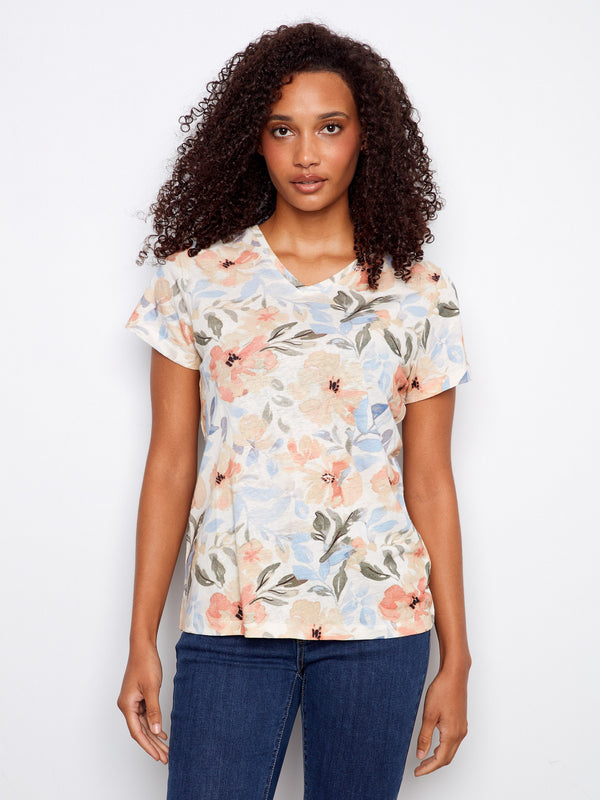 Printed Linen Blend V-Neck T-Shirt - Aurelia